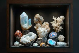 Cristales y minerales en caja expositor iluminada.