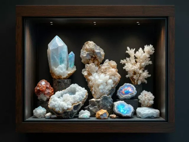 Cristales y minerales en caja expositor iluminada.