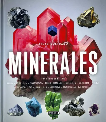 Portada atlas ilustrado minerales, cristales coloridos.