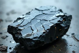 Roca negra brillando sobre superficie mojada