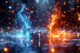 Energía azul y naranja en fondo oscuro.