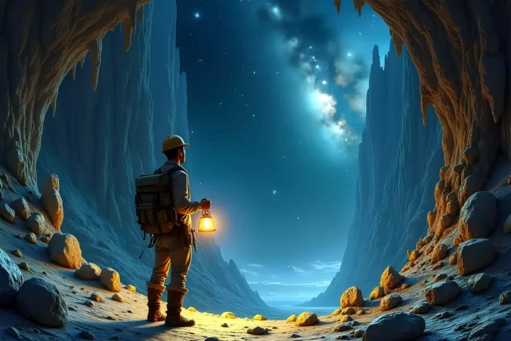 Explorador con linterna en cueva, cielo estrellado